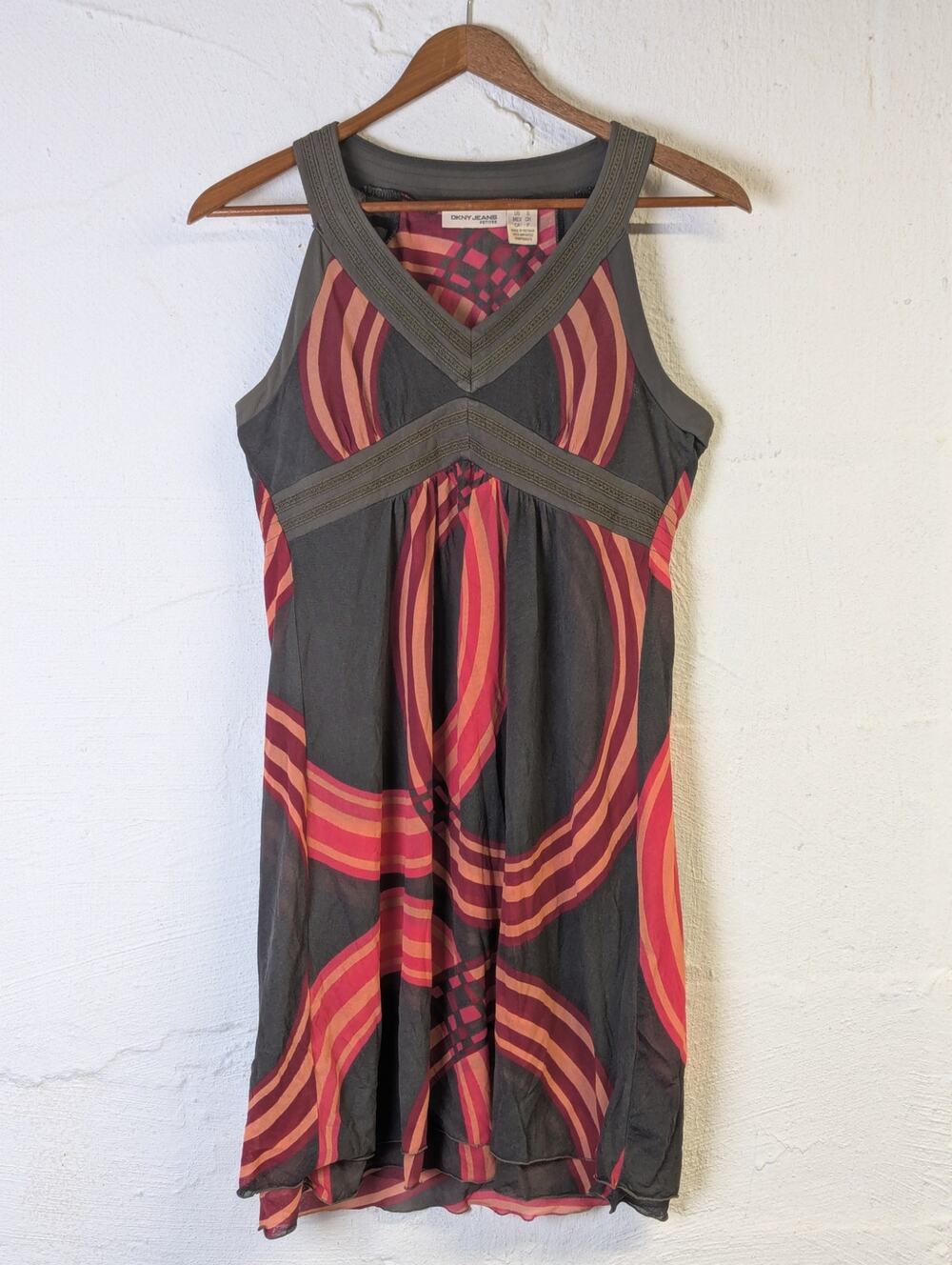 Y2K Babydoll Dress DKNY Jeans Womens Small Petite Green Orange Mesh Party Hoco